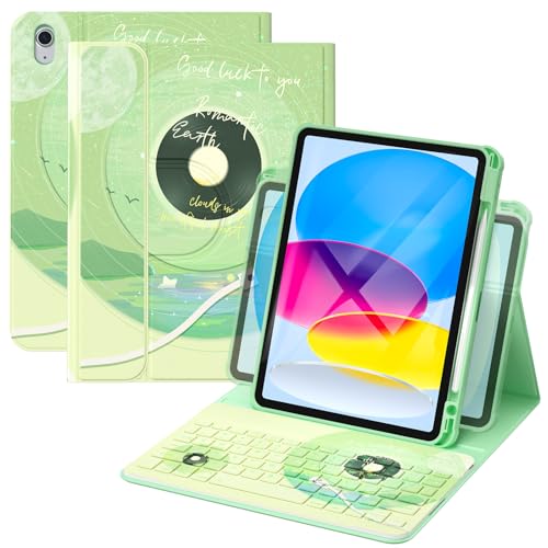 Image of YBING Keyboard Case for iPad 10th Gen 10.9 inch (2022) & 11th Gen (A16, 2025), Bluetooth Wireless Detachable Keyboard with Green Music Painted Patterns, 360 Rotatable Magnetic Case with Pencil Holder