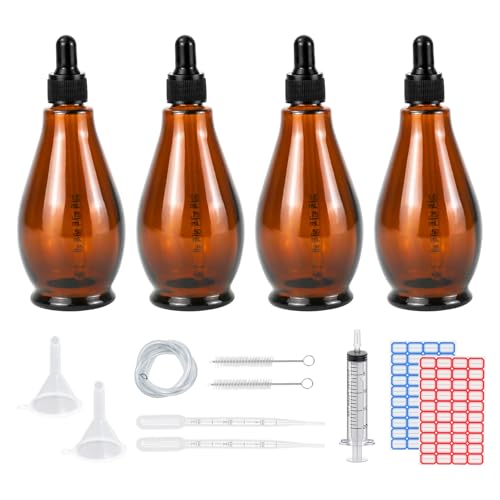 Reyshin 100ml Glass Dropper Bottles, 4 Pack Pear Shaped Amber Glass Bottle with Dropper Pipettes Refillable Sample Dropper Bottle for Essential Oil Massage Aromatherapy Eye Drops (Amber 100ml)