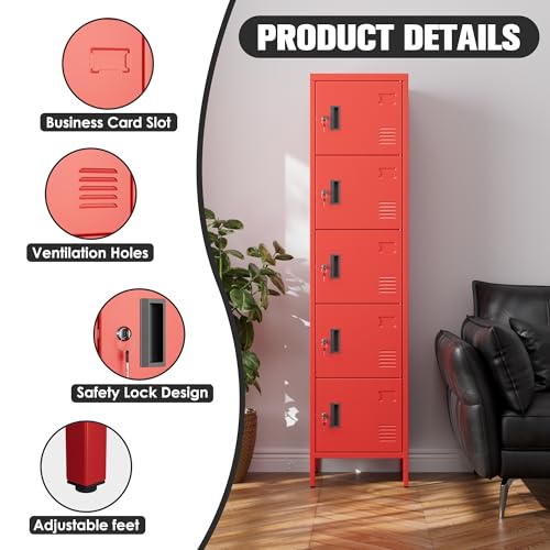 Image of Aobabo 16 inch W 5 Door Metal Storage Locker with Lock, 66 inch H Steel Locker with Name Card Holder and Metal Leg for School, Home, Office, Playroom, Assembly Required, Red