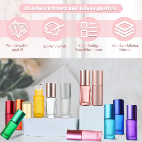 KASURE 12 Stück Roll On Glasflaschen für Ätherisches Öl mit Öffner, Trichter und Tropfer, 5ml Roll on Flasche Leer mit Edelstahl-Ball Bunt Rollon Flaschen Probe Glasflaschen für Ätherische Öle Parfums