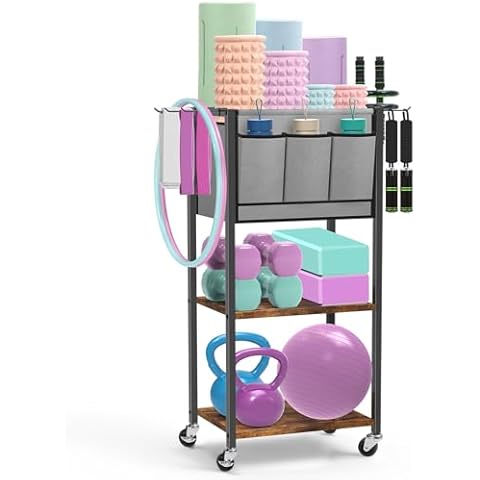 Yoga Mat Storage Rack Home Gym Equipment Yoga Mat Holder for Yoga Mat Dumbbells Kettlebells Foam Roller Yoga Strap Workout Equipment Storage Organizer with Hooks Wheels, Rustic Brown Cover