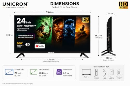 Image of UNICRON 24 inch smart tv Android Frameless HD LED TV | WiFi Enabled | Built-in Apps Compatible (YouTube, Netflix, Prime Video) | HDMI, USB Connectivity | Screenmirror | Slim & Stylish |