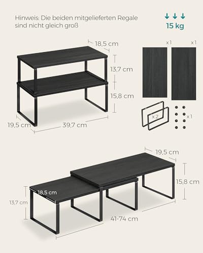 SONGMICS Gewürzregal, 4er Set, Küchenregal, Küchen-Organizer, erweiterbar, Gewürzhalter, stapelbar, mit Metallrahmen, 19,5 x 39,7 x 15,8 cm, tintenschwarz-ebenholzschwarz KCS028B01