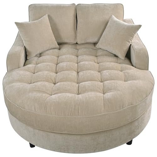 Image of Christopher Knight Home 55 Inch Modern Chaise Lounge Sofa Bed, Upholstered Chenille Lounge Couch with Tufted Seat and Detachable Pillows Curved Accent Sofa for Living Room, Champagne