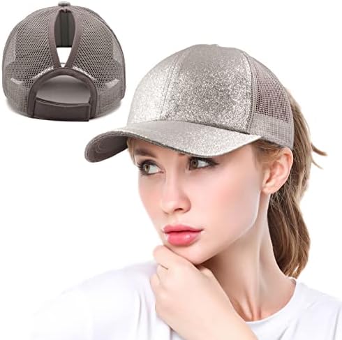 ProMindFun Womens Ponytail High Messy Bun Hats Distressed Baseball Caps Unconstructed Washed Dad Hat Girls Trucker Ponycaps (16-Glitter Grey)
