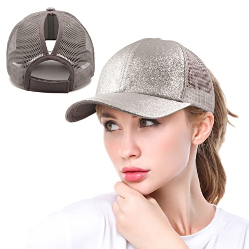 Promindfun Womens Ponytail High Messy Bun Hats Distressed Baseball Caps Unconstructed Washed Dad Hat Girls Trucker Ponycaps (16-Glitter Grey) #TOP3