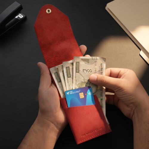Image of The Wallet Store Flip 2.0 Genuine Leather Vertical Slim Wallet for Men | Pull-String Quick Card Access | Compact Front Cash Pocket & Button Lock | Minimalist Travel & Daily Carry Wallet (Red)