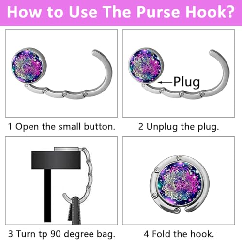 Image of HASTHIP 3Pcs Aesthetic Mandala Metal Desk Bag Hanger - Portable Folding Ring for Table, Office Desk - Aluminum Alloy Removable Hooks for Handbag, Backpack