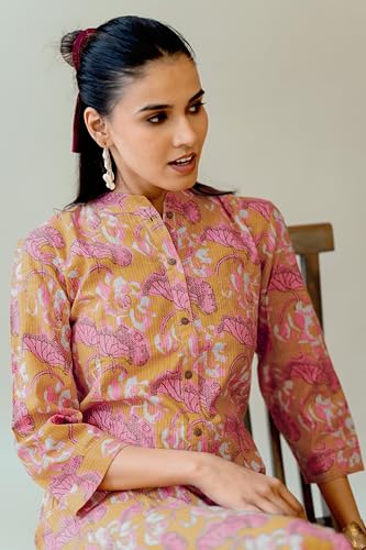 Image of MIRCHI FASHION Women A Line Cotton Print Princess Line Kantha Work Kurta (K9864 - Mustard, Coral - S)