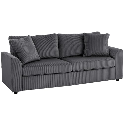HOMCOM Canapé 3 Place Velours Côtelé 212 cm avec 2 Oreillers Gris Foncé