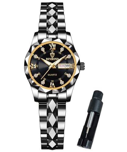 Womens Watch Fashion Diamond Elegant Dress Date Ladies Small Wrist Watches for Women Two Tone Stainless Steel Waterproof Luminous