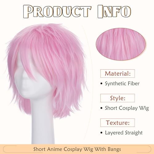 Image of S-noilite Unisex Short Pink Anime Cosplay Wig Women Men's Short Fluffy Layered Pixie Wigs Straight Heat Resistant Synthetic Full Wigs for Halloween Anime Comic-con Costume Party Dress Pink