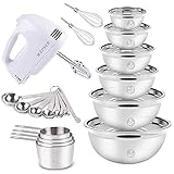 Electric Hand Mixer Mixing Bowls Set, Upgrade 5-Speeds Mixers with 6 Nesting Stainless Steel Mixing Bowl, Measuring Cups and Spoons Whisk Blender -Kitchen Baking Supplies For Cooking Bake Beginner (Renewed)