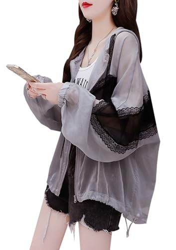 [ＪＩＹＵＴＯＲ] 日焼け止め服 レディース サマージャケット ラッシュガード 日焼け防止 カーディガン夏服 レース 切り替え uｖカット フート付き 長袖 透け感 ジップパーカー トップス 薄手 アウター 夏服(4グレー)