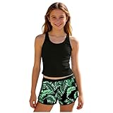 Mädchen Tankini Set Zweiteiliger Bademode Breite Träger Oberteil und Hohe Taille Shorts mit Blumenmuster Sommer Hawaii Badeanzug Strand Sports Badebekleidung für 8-16 Jahre (Schwarz, 11-12 Years)