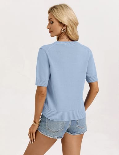 GRACE KARIN Women's Summer Short Sleeve Cardigan Sweaters Lightweight Crew Neck Button Up Cropped Sweater(Light Blue,Small) — view 4