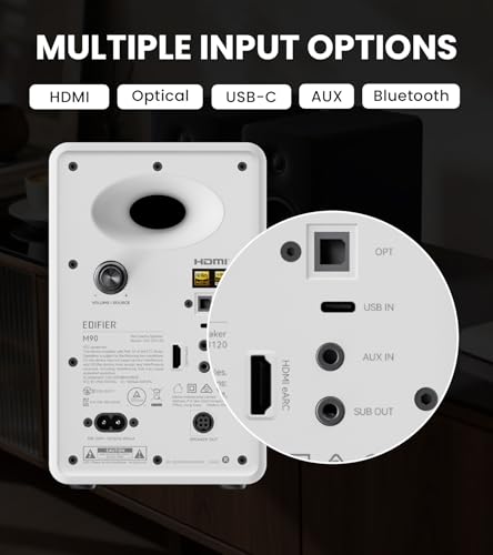 Image of Edifier M90 Computer Speakers, 100W RMS Desktop Speakers, Hi-Res Audio, LDAC,Bluetooth 6.0 Compact Speaker, HDMI eARC /Optical /USB-C /AUX Input, SUB Out Powered Speakers, Remote Control for TV /PC-White