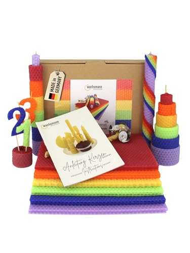 Wachsmann Kerzen Bastelset Rainbow 100% Bienenwachs aus Deutschland 18 farbige Wachsplatten (20 x 15 cm) mit Hanfdochten Kerzen selber machen Set für Kinder & Erwachsene DIY Bienenwachskerzen