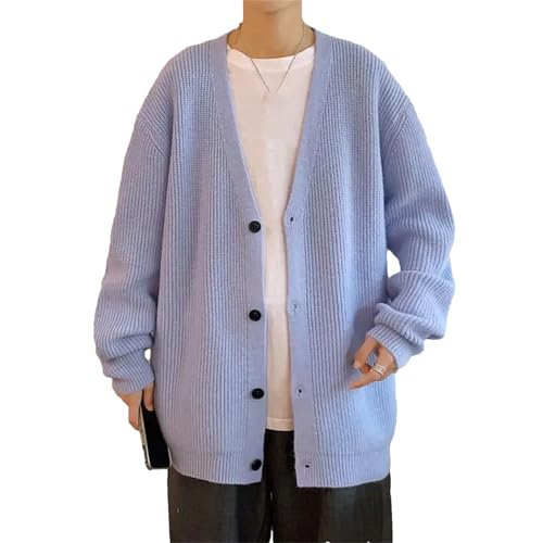 Men's Cable Knit Cardigan Sweater Winter Lightweight Casual V Neck Long Sleeve Pockets Knitted Sweater Blue