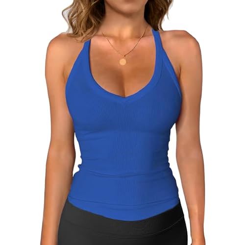 iGENJUN Workout Tops for Women Racerback Basic Tank Summer 2025 Camisole V Neck Slim Fit Ribbed Sleeveless Small Royal Blue
