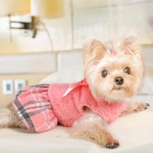 Image of Dog Sweater Dog Winter Clothes for Small Dogs Boy Girl Fall Puppy Dress Warm Fleece Chihuahua Yorkie Teacup Doggy Sweaters Dresses Doggie Sweater for Small Dogs Girl Cat Sweaters, Plaid Pink, XXS