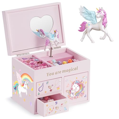 Lolalet Boîte Bijoux Enfant Licorne, Boite à Bijoux Musicale Filles, Boîte Musique Bois, pour Ranger Colliers Bracelets Bagues Montres -Rose