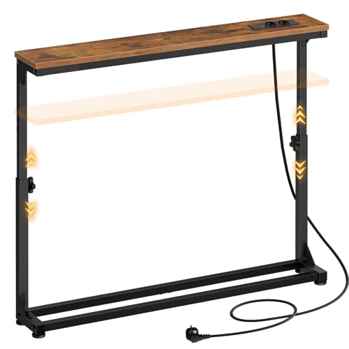 HOOBRO Schmaler Konsolentisch (15 cm breit), höhenverstellbar (63,5-83,5 cm), Sofatisch mit Ladestation, Beistelltisch, Flurtisch für den Eingangsbereich, Flur, Vintagebraun und Schwarz EBF95CXG01