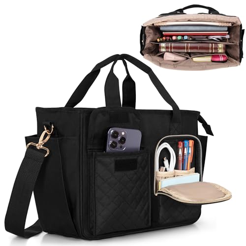 LUXJA Large Bible Bag with Water Bottle Pocket and Shoulder Strap, Bible Tote Bag for Women with Multiple Pockets (Bag Only), Black