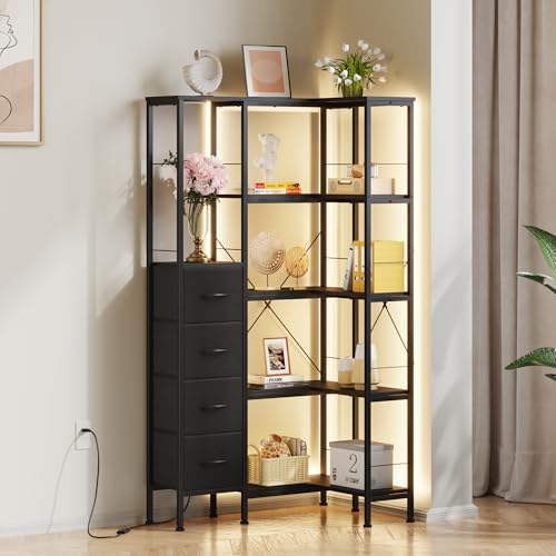 Eckregal Stehend 5 Ebenen, LED 4 Schubladen, Bücherregal Ecke, Schwarz | Büroregal, Holz Standregal, Regale, Eckschrank, für Wohnzimmer Schlafzimmer Büro Küche