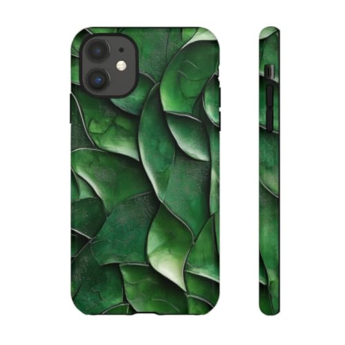 Coque iPhone 11 rigide et brillante motif feuille sculptée verte