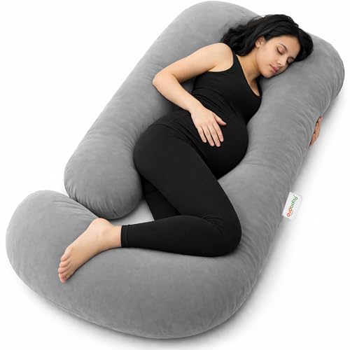 Image of OYO BABY Maternity Pillows J-Shape Full Body Pillow | 360 Maternity Support for Back, Hips, Legs & Belly | Pregnancy Pillows for Women | Removable Washable Velvet Cover (Light Grey)