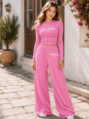 Image of OLMRJKD Girls 2 Piece Outfits Long Sleeve Letter Printed Sweatshirt & Wide Leg Pants Fall Clothing Set Size 7-16 Years