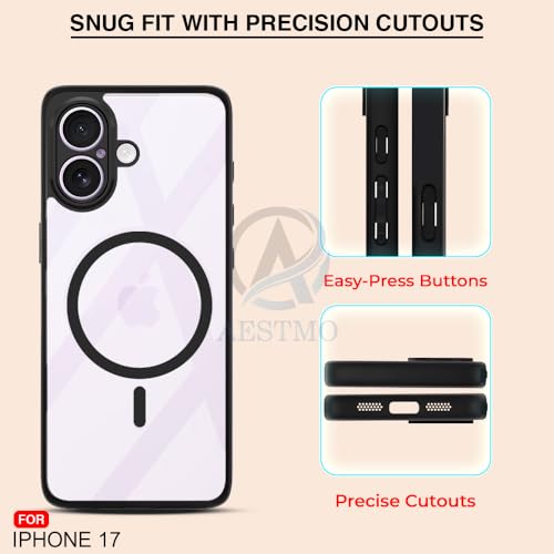 Image of AESTMO iPhone 17 Back Cover | 360 Protection | Crystal Clear Hard Back Transparent | Compatible with MagSafe Accessories (PC+TPU, Black Bumper)