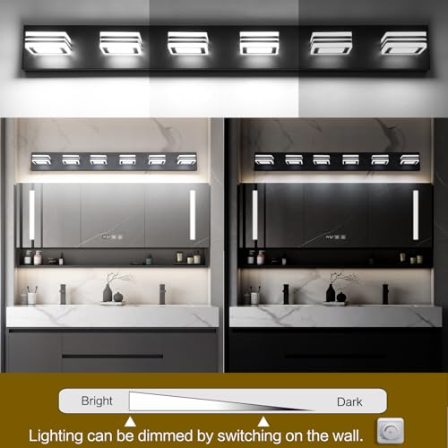 Image of SOLFART Modern LED Dimmable Bathroom Light Fixtures Over Mirror Led Vanity Lights Modern Black LED 6 Light Vanity Light