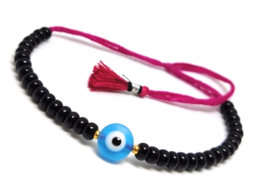 Jewel string Sea blue Evil Eye black bead Bracelet pink cord adjustable for girl women(Not for Anklet) tassle - Image 4 thumbnail