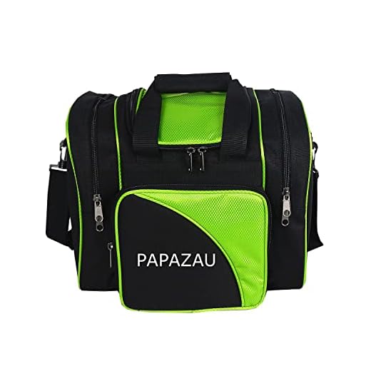 PAPAZAU Bowling Bag for Single Ball - Single Ball Tote Bag with Padded Ball Holder - Fits a Single Pair of Bowling Shoes Up to Mens Size 14 (Black/Green)