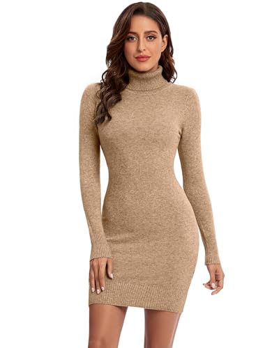 Avancel Damen Strickkleid Winter Kleid Langarm Pulloverkleider Knielang Elegant Rolllkragen Kleidr Herbst 2025 Kamel M
