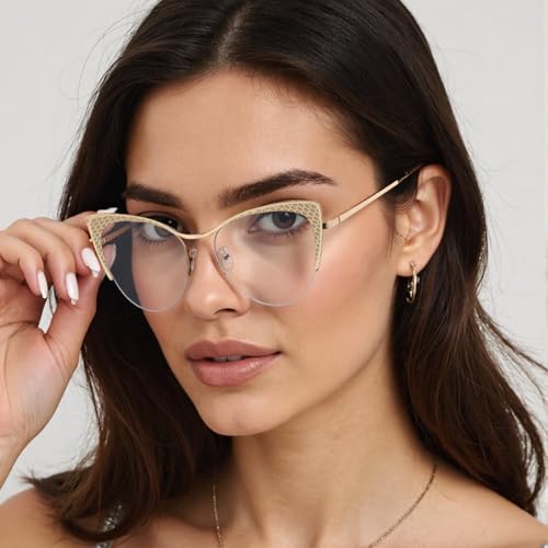 Image of Dollger Blue Light Blocking Glasses for woman Man Metal Half Cat eye glassees frame Clear Lens Computer Eyewear