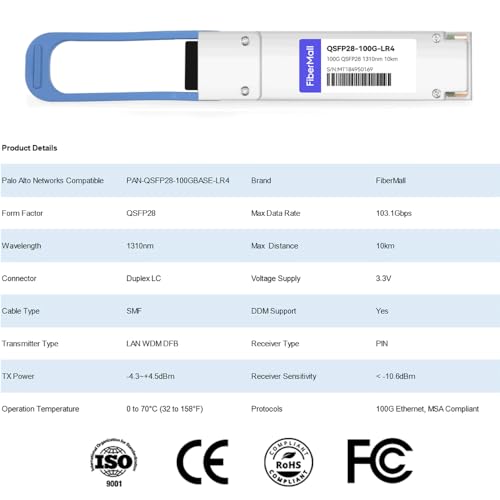 Image of 100G QSFP28 LR4 Optical Transceiver Module Compatible with Palo Alto Networks PAN-QSFP28-100GBASE-LR,100GBASE-LR4 QSFP28 1310nm 10km LC SMF DOM