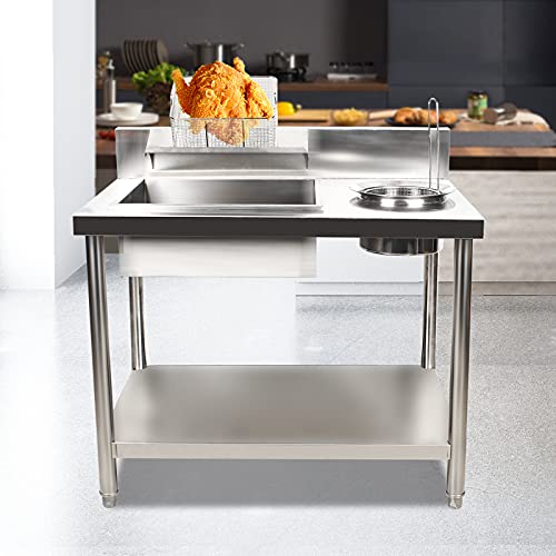 Fried Chicken Breading Table, Commercial Fried Food Prep Tables Stainless Steel Frying Food Workbench Food Preparation Breading Station w/Basin&basket for Burger Shops, Snack Bars, Canteens