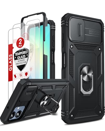 LeYi Funda para Samsung Galaxy A06 con [2-Unidades] Cristal Vidrio Templado,Carcasa Cubierta de cámara Deslizante Proteger Anillo Soporte Silicona TPU Armor Bumper Case, Negro