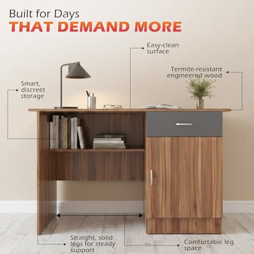 Image of 120x60x75 CM Engineered Wood Study & Office Table | 1 Year Warranty | Compact Table with 1 Open Shelf, Drawer & Cabinet for Work from Home | Easy DIY Assembly- Lyon Walnut & Gothic Grey