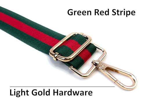 Image of Classic Green Red Stripe Purse Strap with Light Gold Hardware 1-1 /2 Inch Wide Replacement Crossbody Guitar Style Shoulder Strap for Handbags Totes