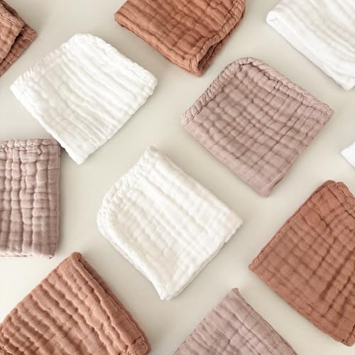 Sunny zzzZZ Baby Muslin Washcloths -100% Cotton Muslin Soft Baby Bath Wash Cloths and Absorbent Burp Cloths for Newborns Kids Girls and Boys -12 Pack, 12x12 Inches - White+Light Bean Paste Series
