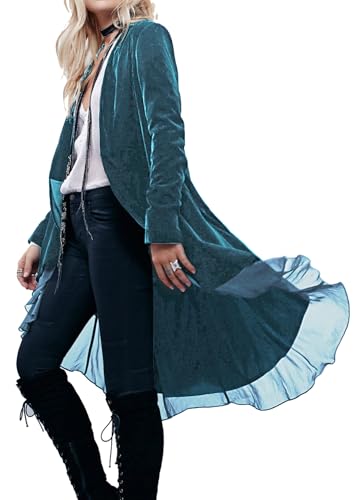 R.Vivimos Chaqueta De Terciopelo De Otoño e Invierno Para Mujeres Con Volantes Casuales Chaqueta Larga Retro Sin Cuello Chaqueta Deportiva Clásica De Cola De Golondrina(M,HazeBlue)