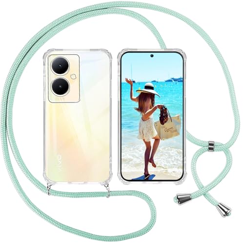 ISOI Funda con Cuerda para Vivo V29 Lite, Carcasa Transparente TPU Suave Silicona Case con Correa Colgante Ajustable Collar Correa de Cuello Cadena Cordón, Verde