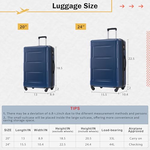 2 Piece Expandable Luggage Set with Spinner Wheels, Lightweight ABS Suitcase, 20in and 24in, Blue2