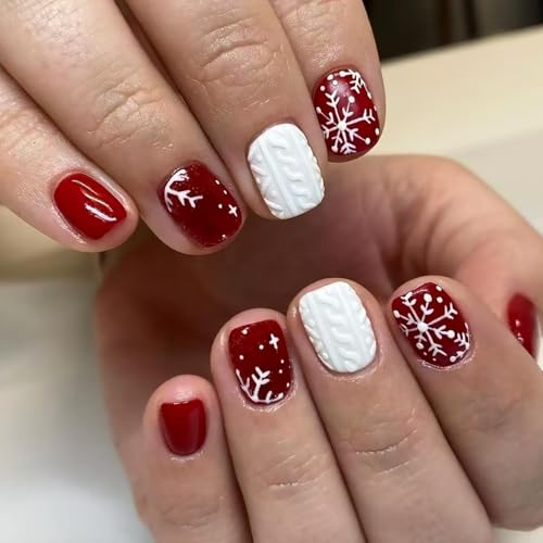 Christmas Press on Nails Short Square Fake Nails with Snowflake