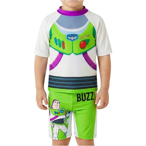 Toy Story Buzz Lightyear Boys Swimsuit Set, 2 Pcs Swimming Costume Swim Shorts & Rash Vest, Pool Beach Holiday Essentials (4-5 Years, White/Green Buzz)