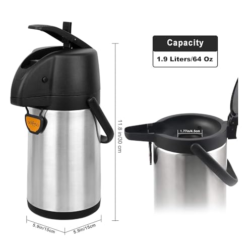 Airpot Coffee Dispenser Thermal with Pump,1.9L/64 Oz Insulated Stainless Steel Large Airpot Coffee Carafe Lever Action for Hot/Cold Water,Thermal Carafe for Hot Cocoa for Parties